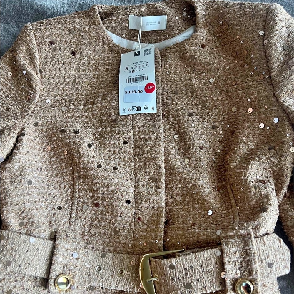 Zara Sequin Embellished Tan blazer with Belt